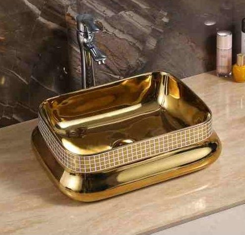 InArt Rectangle Bathroom Ceramic Vessel Sink Art Basin in Gold Color - InArt-Studio-USA