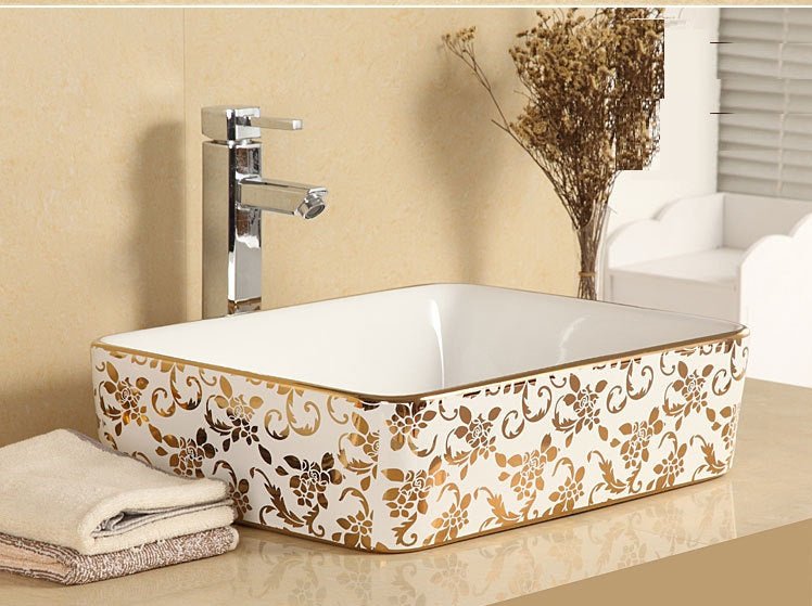InArt Rectangle Bathroom Ceramic Vessel Sink Art Basin in Gold Color - InArt-Studio-USA