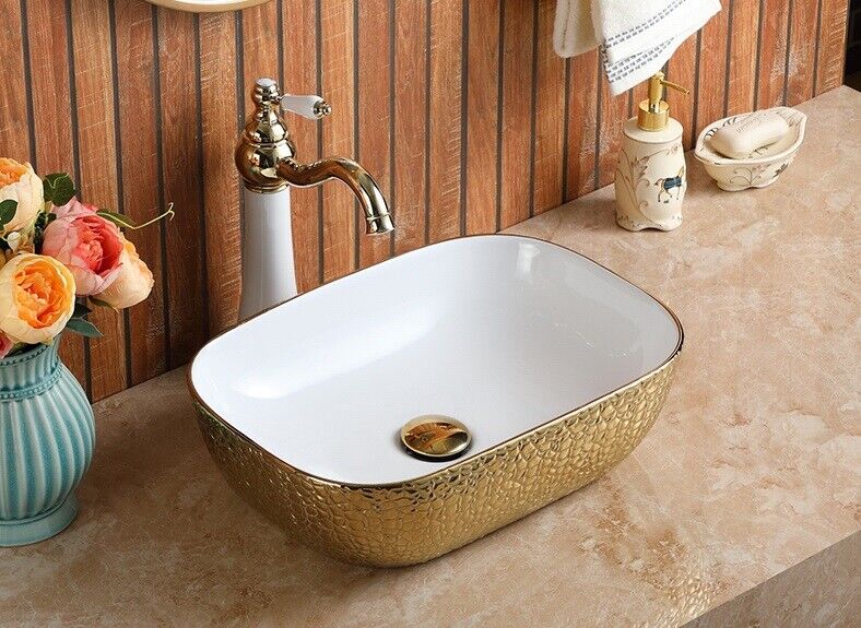InArt Rectangle Bathroom Ceramic Vessel Sink Art Basin in Gold White Color - InArt-Studio-USA