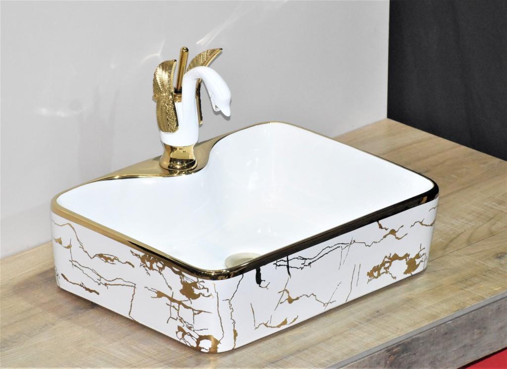 InArt Rectangle Bathroom Ceramic Vessel Sink Art Basin in Gold White Color - InArt-Studio-USA