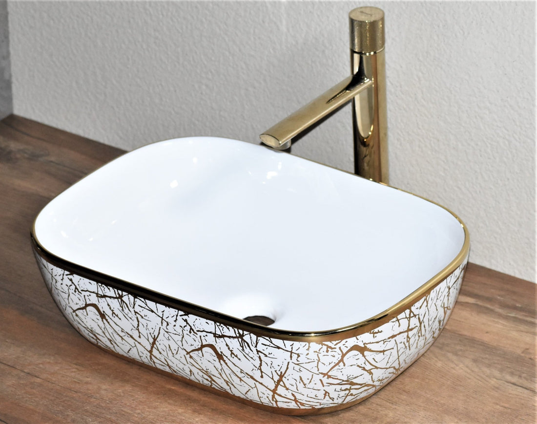 InArt Rectangle Bathroom Ceramic Vessel Sink Art Basin in Gold White Color - InArt-Studio-USA