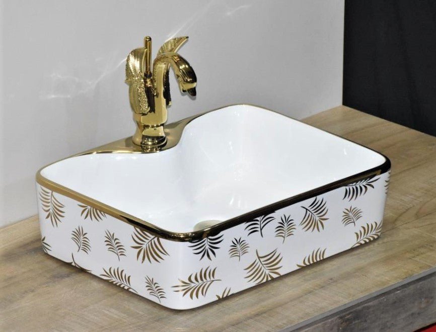 InArt Rectangle Bathroom Ceramic Vessel Sink Art Basin in Gold White Color - InArt-Studio-USA