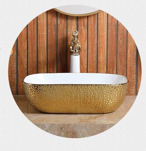 InArt Rectangle Bathroom Ceramic Vessel Sink Art Basin in Gold White Color - InArt-Studio-USA