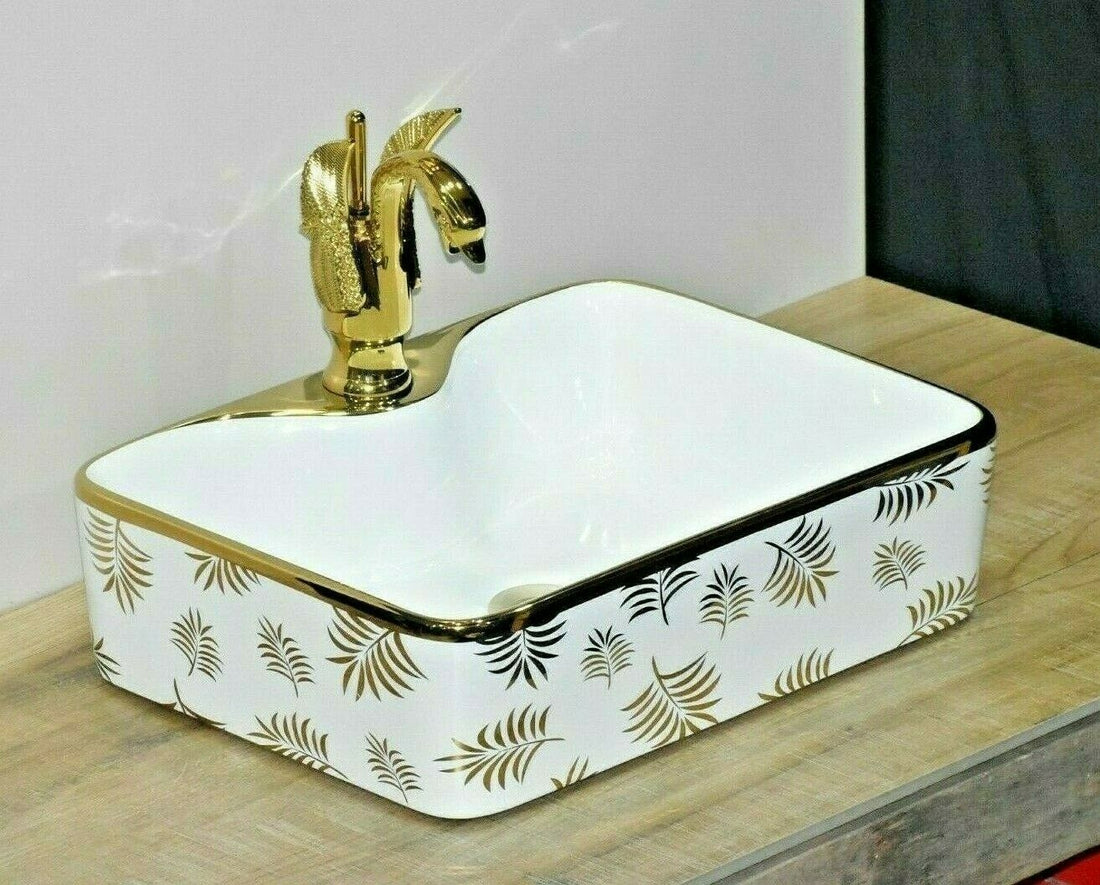 InArt Rectangle Bathroom Ceramic Vessel Sink Art Basin in Gold White Color - InArt-Studio-USA