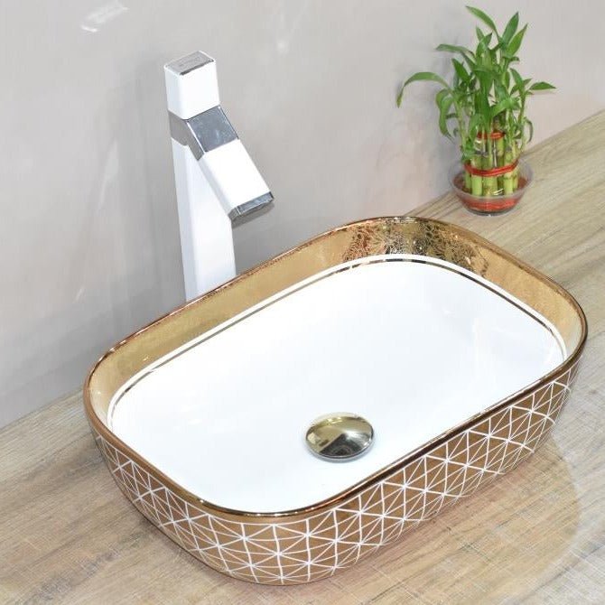 InArt Rectangle Bathroom Ceramic Vessel Sink Art Basin in Gold White Color - InArt-Studio-USA