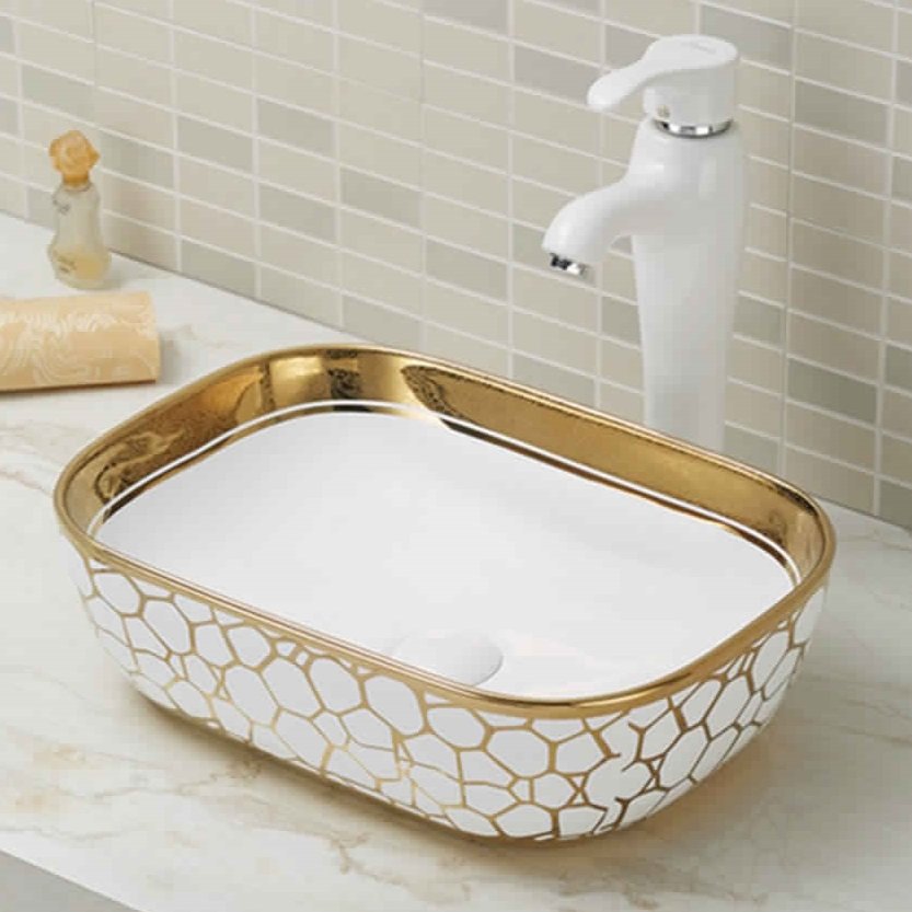 InArt Rectangle Bathroom Ceramic Vessel Sink Art Basin in Gold White Color - InArt-Studio-USA