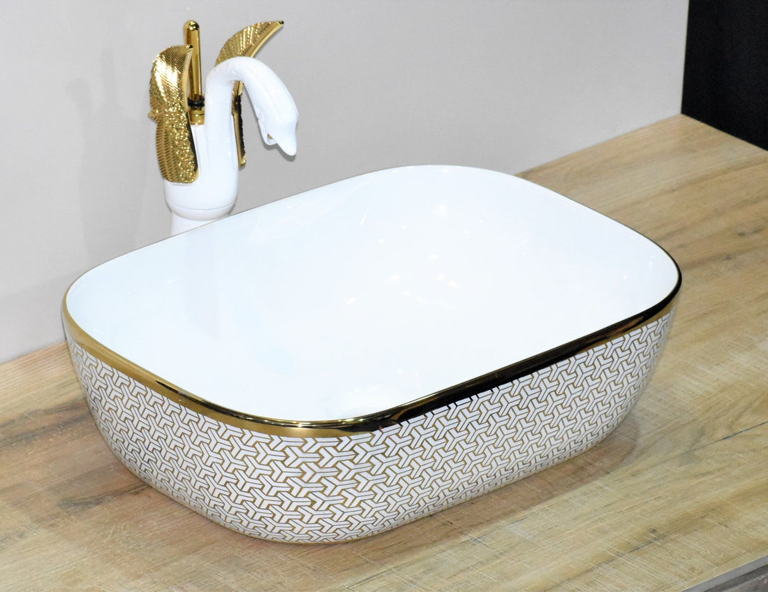 InArt Rectangle Bathroom Ceramic Vessel Sink Art Basin in Gold White Color - InArt-Studio-USA