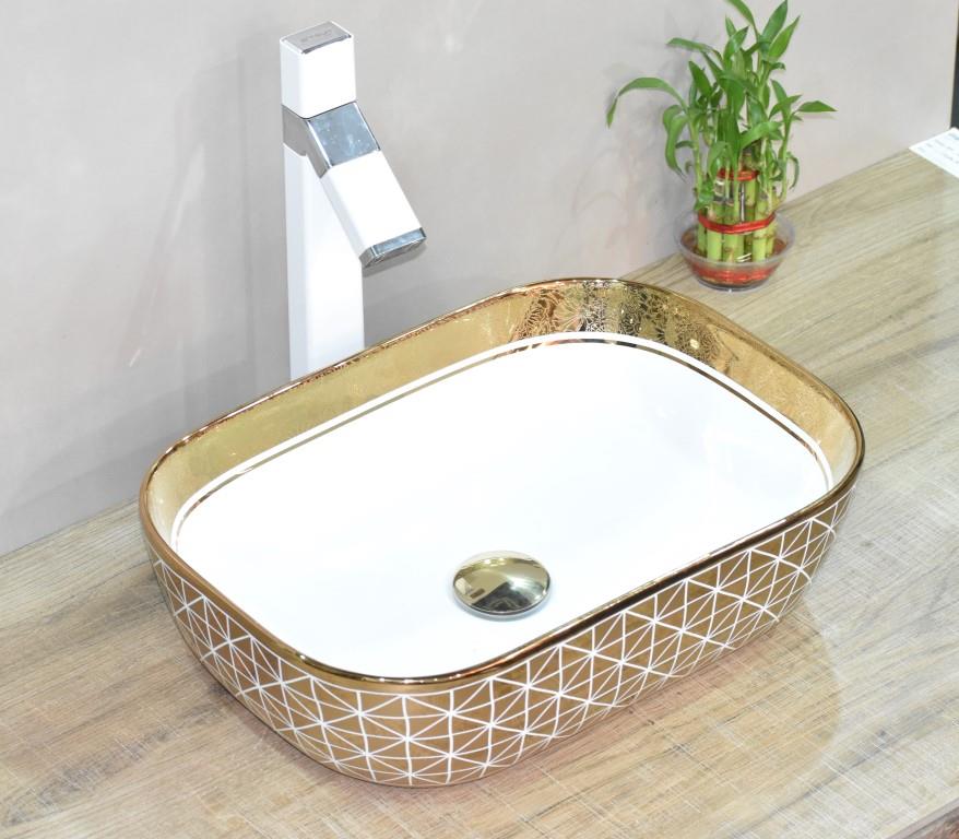 InArt Rectangle Bathroom Ceramic Vessel Sink Art Basin in Gold White Color - InArt-Studio-USA