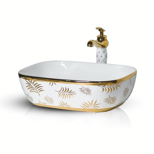 InArt Rectangle Bathroom Ceramic Vessel Sink Art Basin in Gold White Color - InArt-Studio-USA