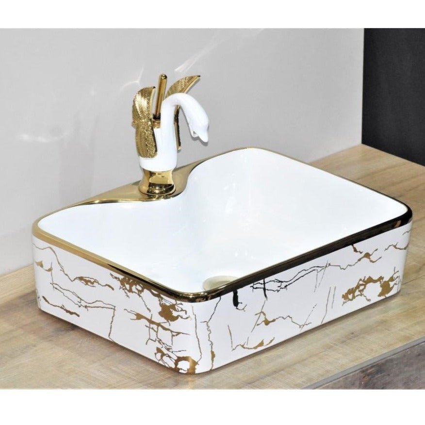 InArt Rectangle Bathroom Ceramic Vessel Sink Art Basin in Gold White Color - InArt-Studio-USA