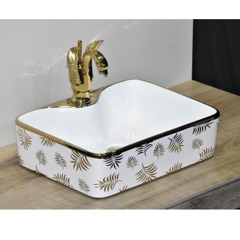 InArt Rectangle Bathroom Ceramic Vessel Sink Art Basin in Gold White Color - InArt-Studio-USA