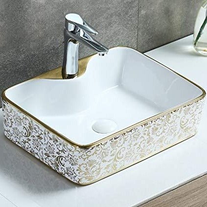 InArt Rectangle Bathroom Ceramic Vessel Sink Art Basin in Gold White Color - InArt-Studio-USA