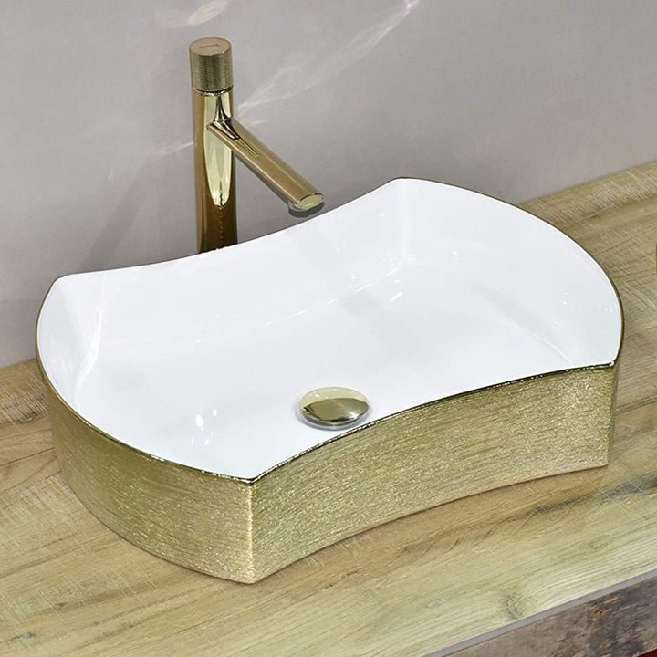 InArt Rectangle Bathroom Ceramic Vessel Sink Art Basin in Gold White Color - InArt-Studio-USA