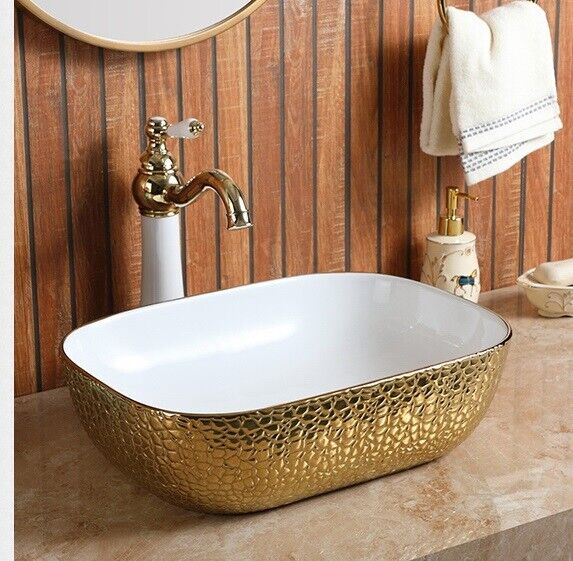 InArt Rectangle Bathroom Ceramic Vessel Sink Art Basin in Gold White Color - InArt-Studio-USA