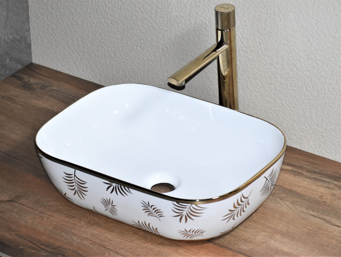 InArt Rectangle Bathroom Ceramic Vessel Sink Art Basin in Gold White Color - InArt-Studio-USA