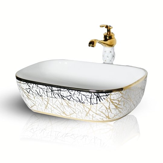 InArt Rectangle Bathroom Ceramic Vessel Sink Art Basin in Gold White Color - InArt-Studio-USA