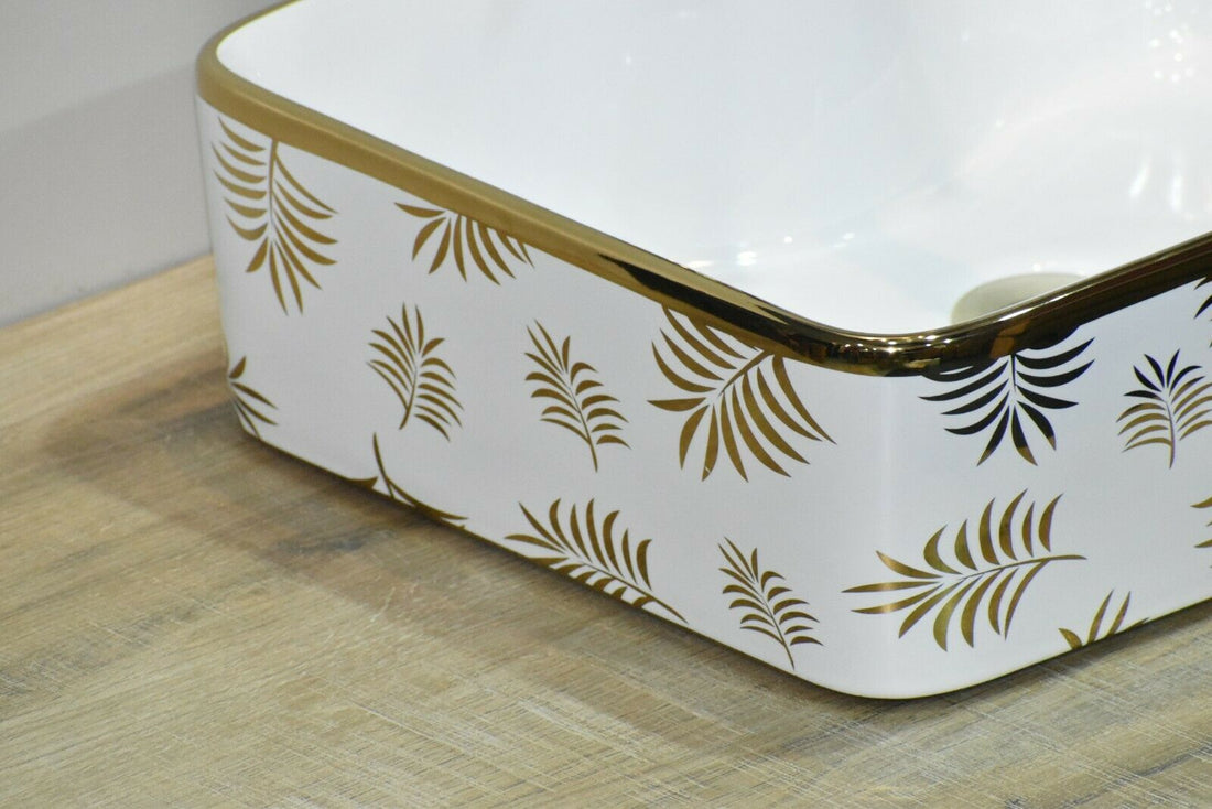 InArt Rectangle Bathroom Ceramic Vessel Sink Art Basin in Gold White Color - InArt-Studio-USA