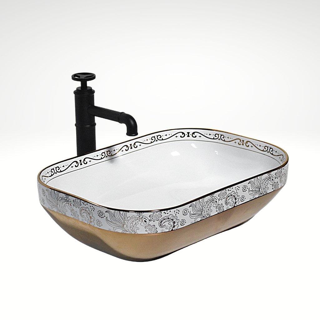 InArt Rectangle Bathroom Ceramic Vessel Sink Art Basin in Gold White Color - InArt-Studio-USA