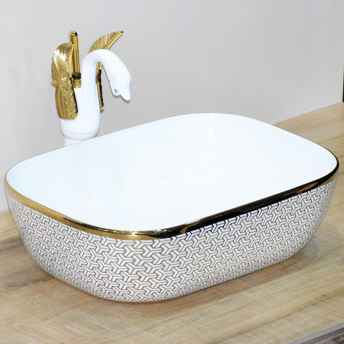 InArt Rectangle Bathroom Ceramic Vessel Sink Art Basin in Gold White Color - InArt-Studio-USA