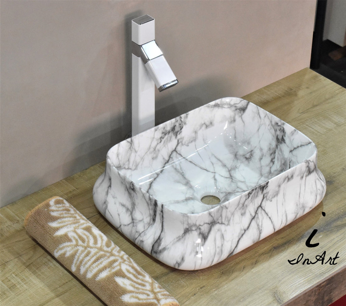 InArt Rectangle Bathroom Ceramic Vessel Sink Art Basin in Marble Color - InArt-Studio-USA