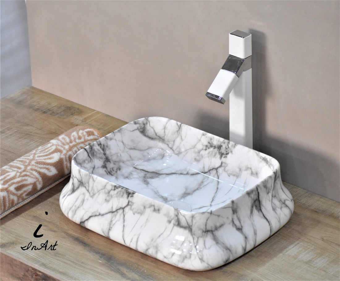 InArt Rectangle Bathroom Ceramic Vessel Sink Art Basin in Marble Color - InArt-Studio-USA