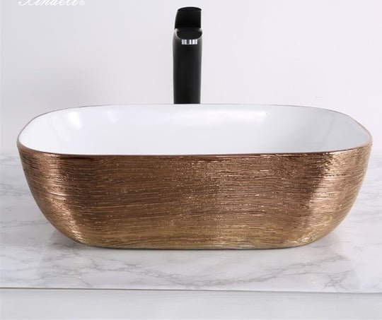 InArt Rectangle Bathroom Ceramic Vessel Sink Art Basin in Rose Gold Color - InArt-Studio-USA