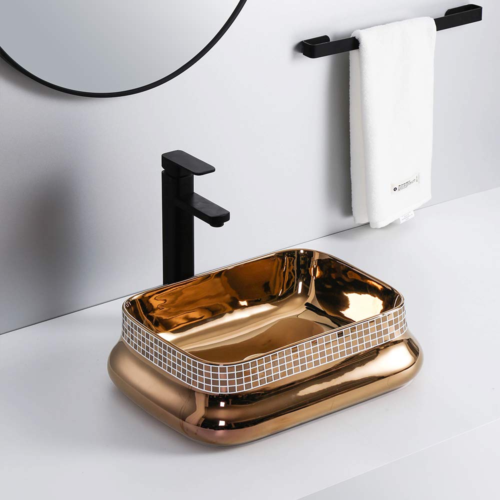 InArt Rectangle Bathroom Ceramic Vessel Sink Art Basin in Rose Gold Color - InArt-Studio-USA