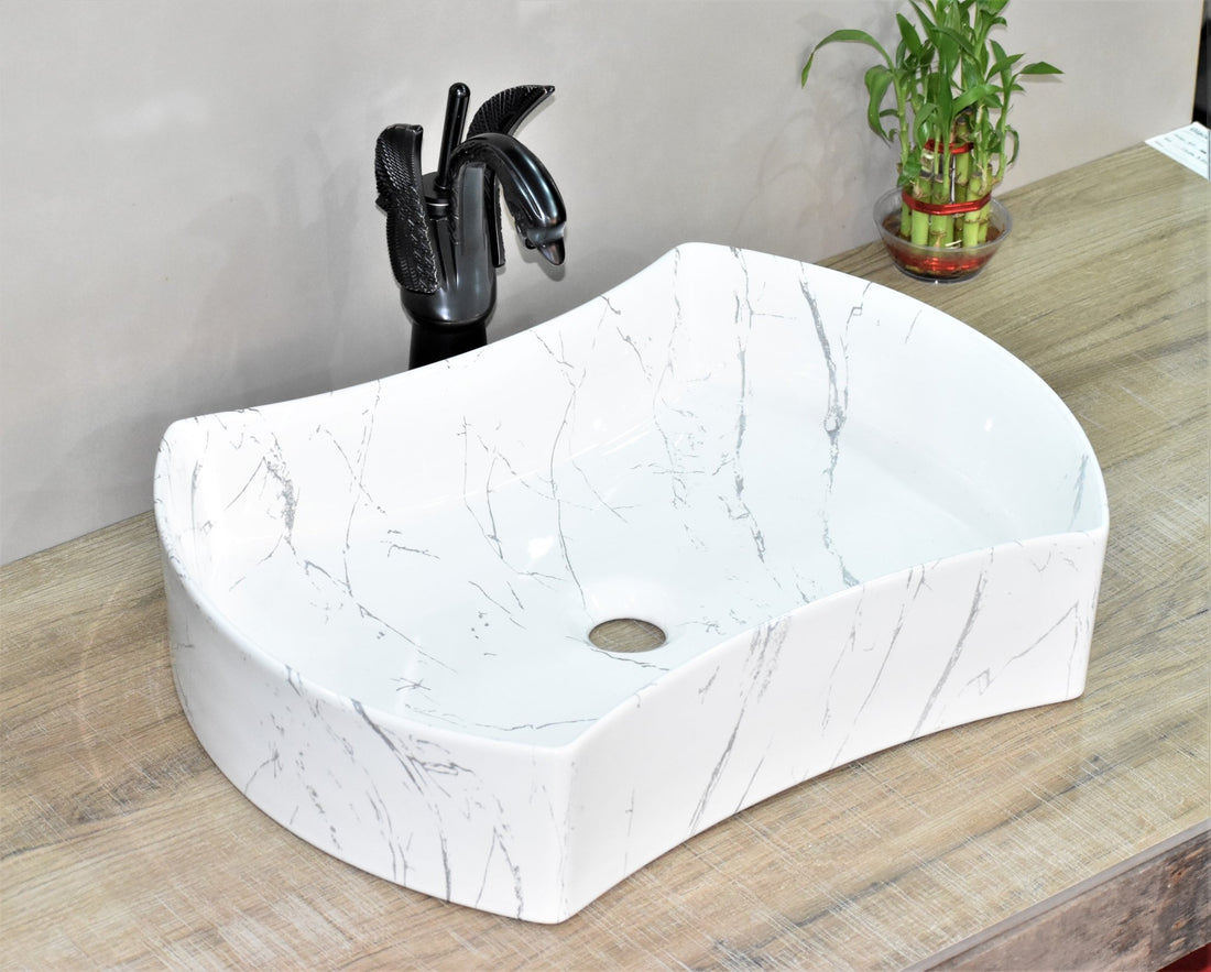 InArt Rectangle Bathroom Ceramic Vessel Sink Art Basin in White Marble Color - InArt-Studio-USA