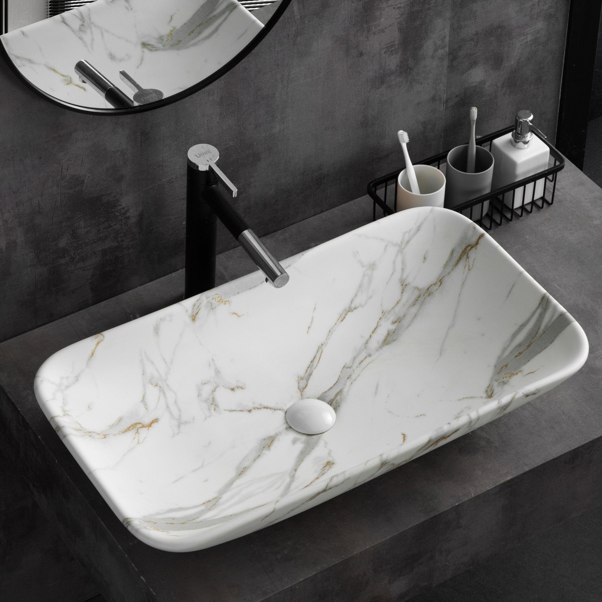 InArt Rectangle Bathroom Ceramic Vessel Sink Art Basin in White Marble Color - InArt-Studio-USA