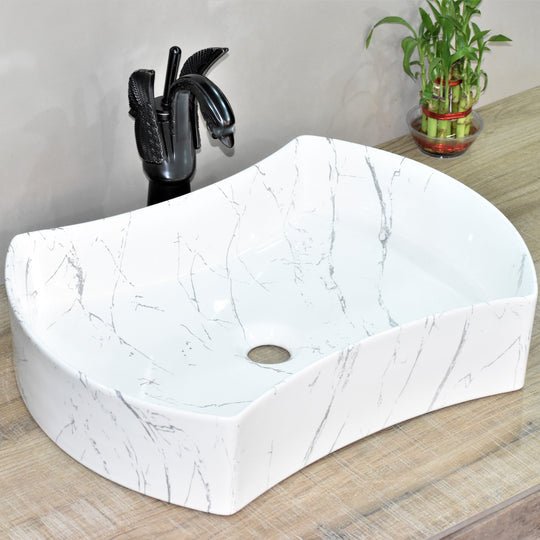 InArt Rectangle Bathroom Ceramic Vessel Sink Art Basin in White Marble Color - InArt-Studio-USA
