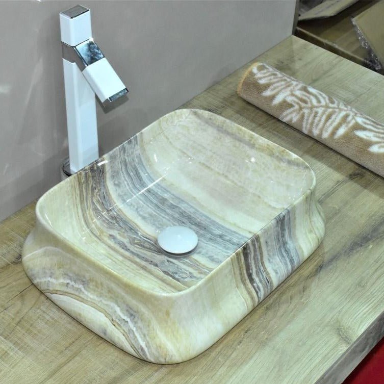 InArt Rectangle Bathroom Ceramic Vessel Sink Art Basin in Yellow Ivory Marble Color - InArt-Studio-USA