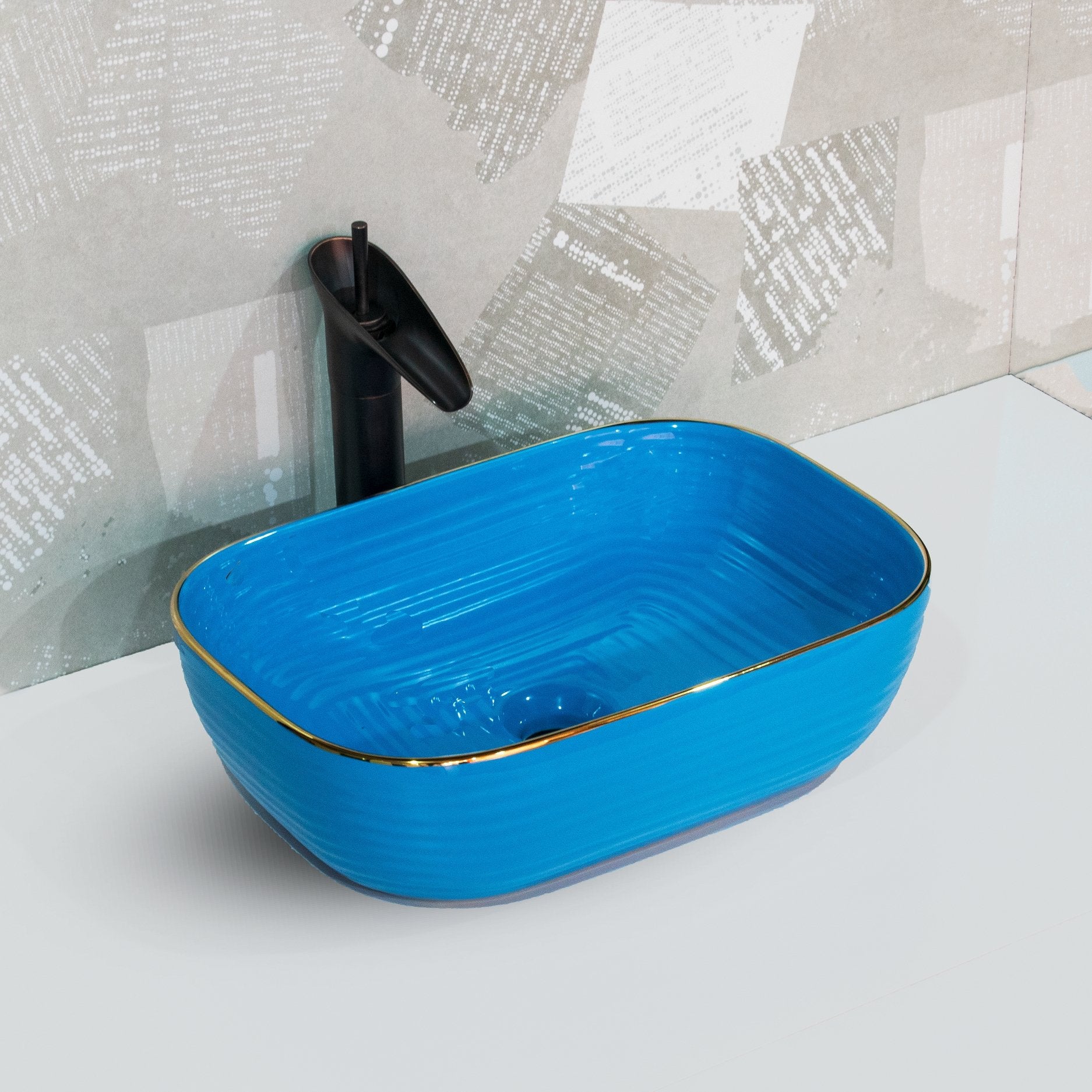 InArt Rectangle Blue Color Marble Bathroom Ceramic Vessel Sink Art Basin 45.5 x 32 CM - InArt-Studio-USA