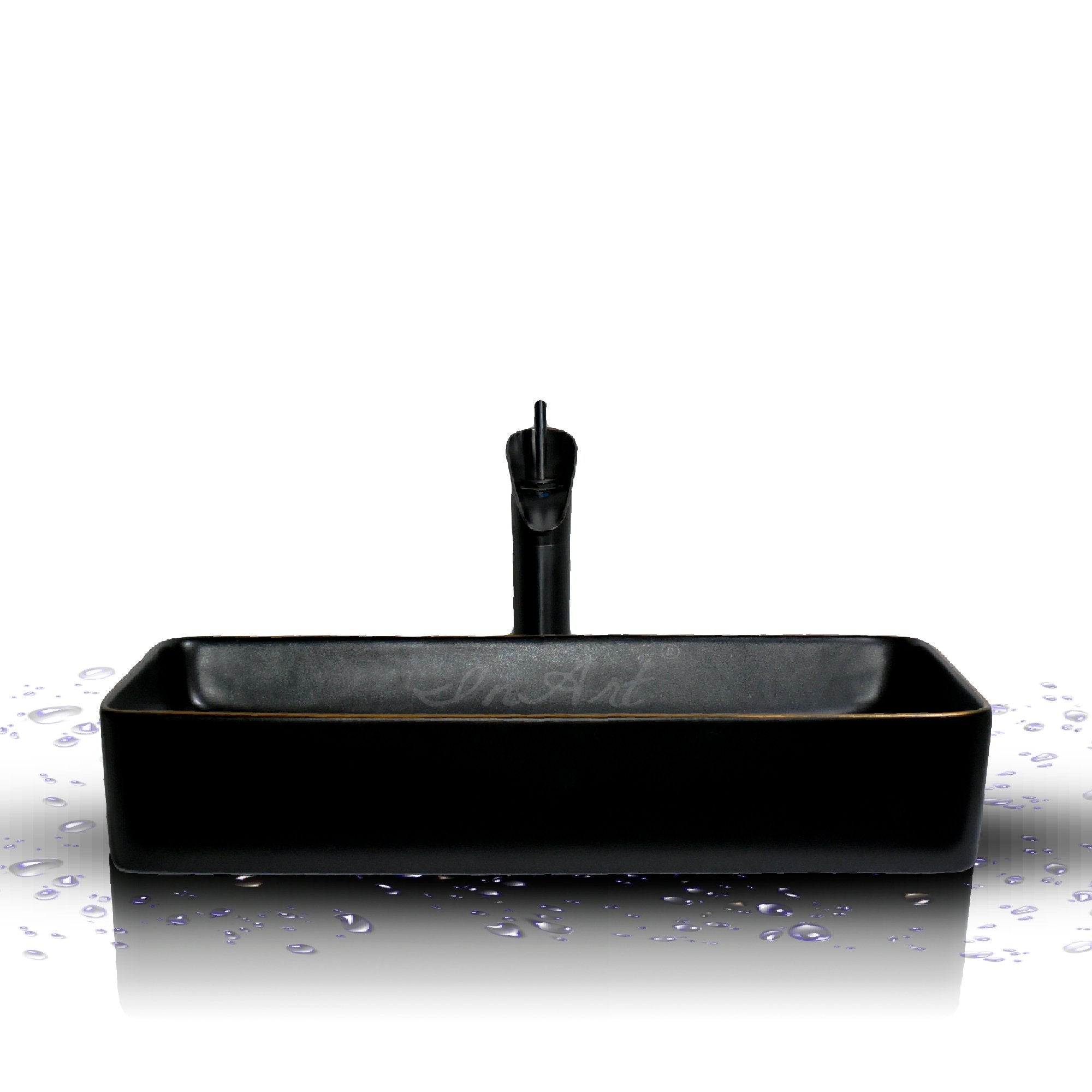InArt Rectangle Matt Black Gold Color Bathroom Ceramic Vessel Sink Art Basin 60 x 35 CM - InArt-Studio-USA