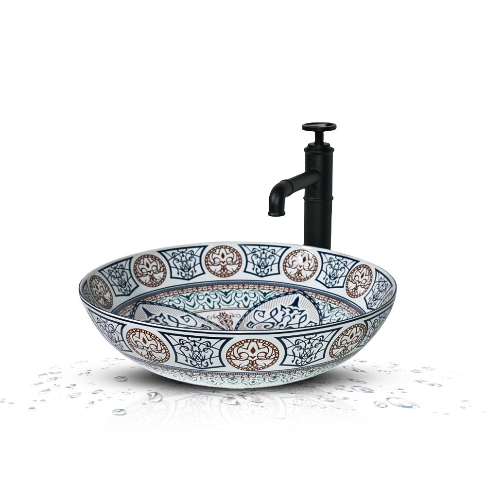 InArt Round Bathroom Ceramic Vessel Sink Art Basin Blue Mexican 40.5 x 40.5 CM - InArt-Studio-USA