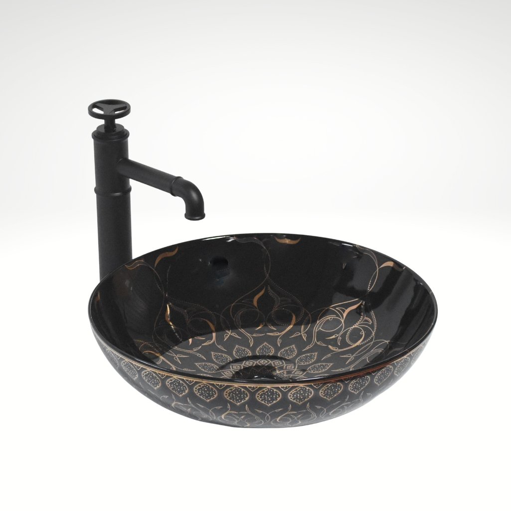 InArt Round Bathroom Ceramic Vessel Sink Art Basin in Black Gold Color - InArt-Studio-USA