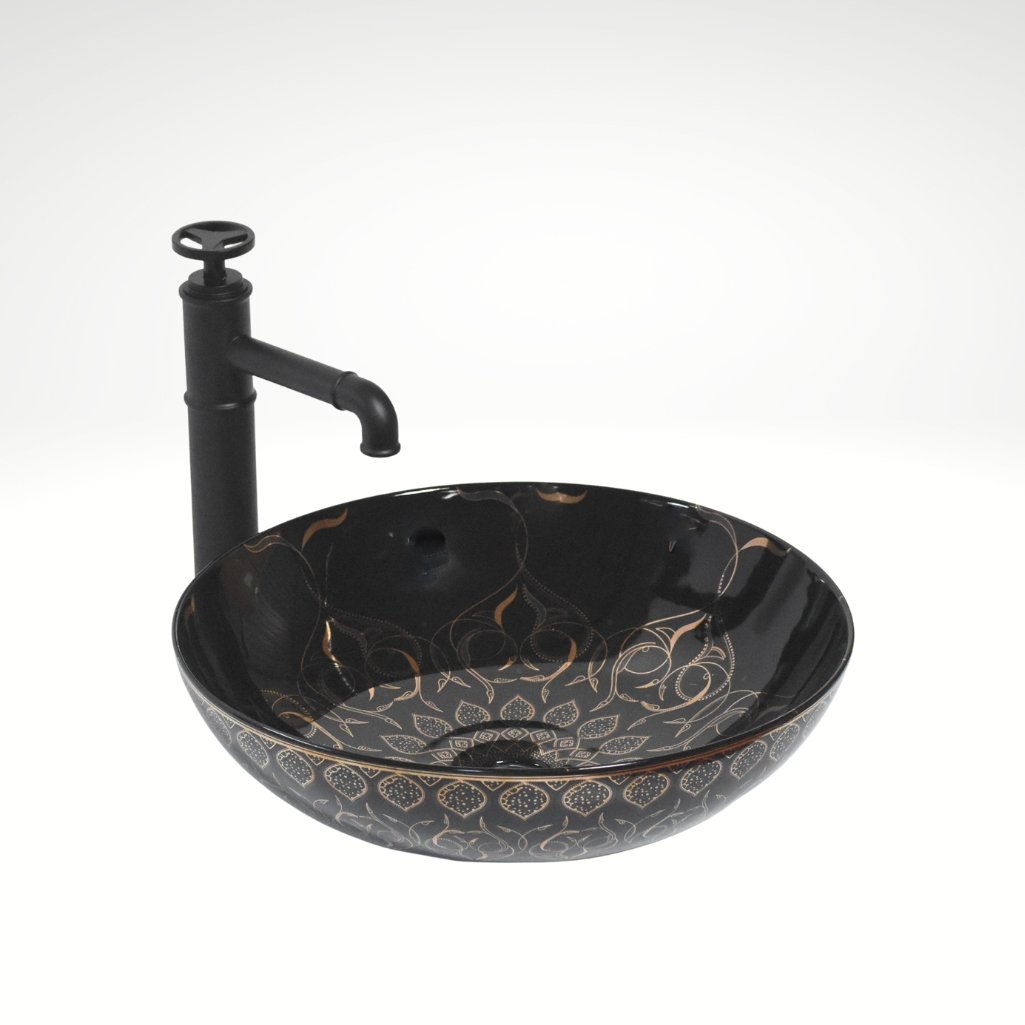 InArt Round Bathroom Ceramic Vessel Sink Art Basin in Black Gold Color - InArt-Studio-USA