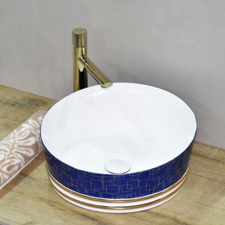 InArt Round Bathroom Ceramic Vessel Sink Art Basin in Blue White Color - InArt-Studio-USA
