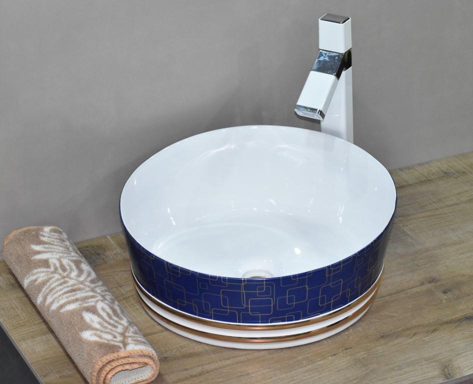 InArt Round Bathroom Ceramic Vessel Sink Art Basin in Blue White Color - InArt-Studio-USA
