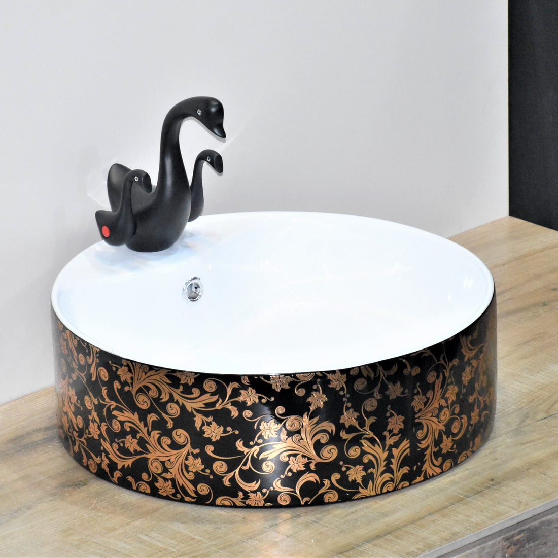InArt Round Bathroom Ceramic Vessel Sink Art Basin in Gold Black Color - InArt-Studio-USA