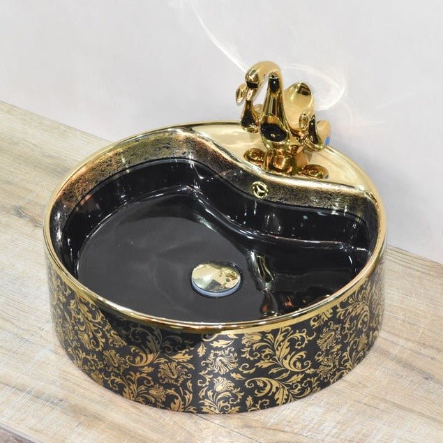 InArt Round Bathroom Ceramic Vessel Sink Art Basin in Gold Black Color - InArt-Studio-USA
