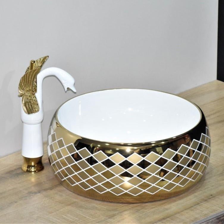 InArt Round Bathroom Ceramic Vessel Sink Art Basin in Gold Color - InArt-Studio-USA