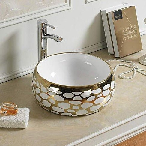 InArt Round Bathroom Ceramic Vessel Sink Art Basin in Gold Color - InArt-Studio-USA