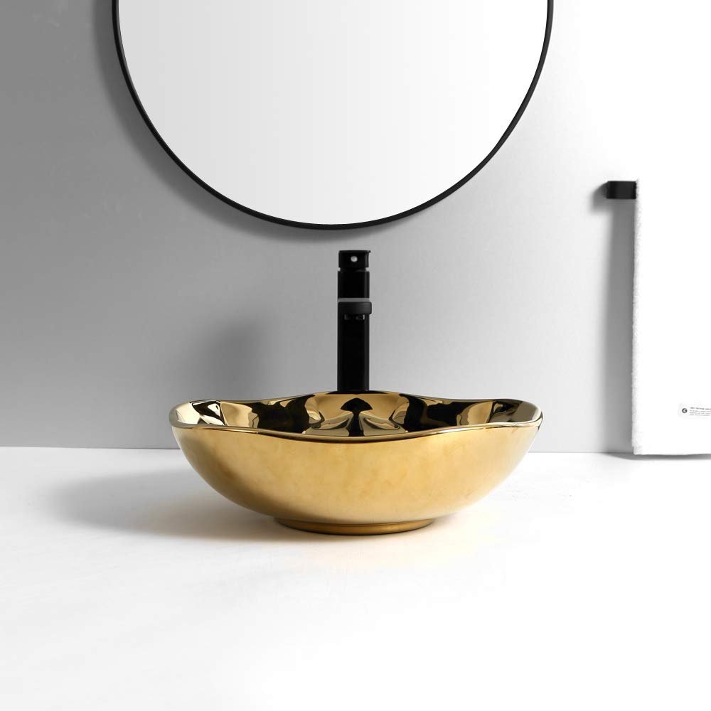 InArt Round Bathroom Ceramic Vessel Sink Art Basin in Gold Color - InArt-Studio-USA