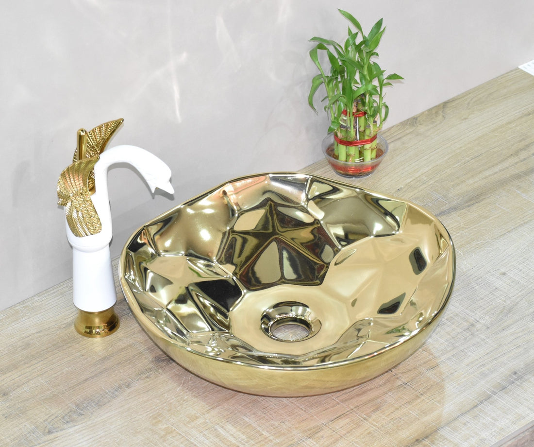 InArt Round Bathroom Ceramic Vessel Sink Art Basin in Gold Color - InArt-Studio-USA