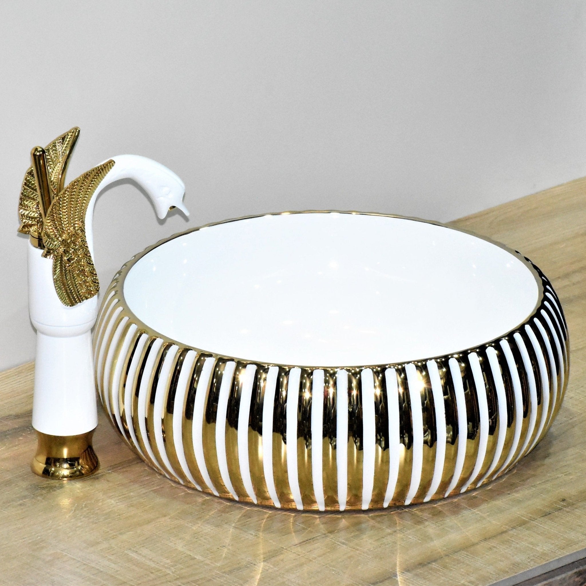 InArt Round Bathroom Ceramic Vessel Sink Art Basin in Gold White Color - InArt-Studio-USA