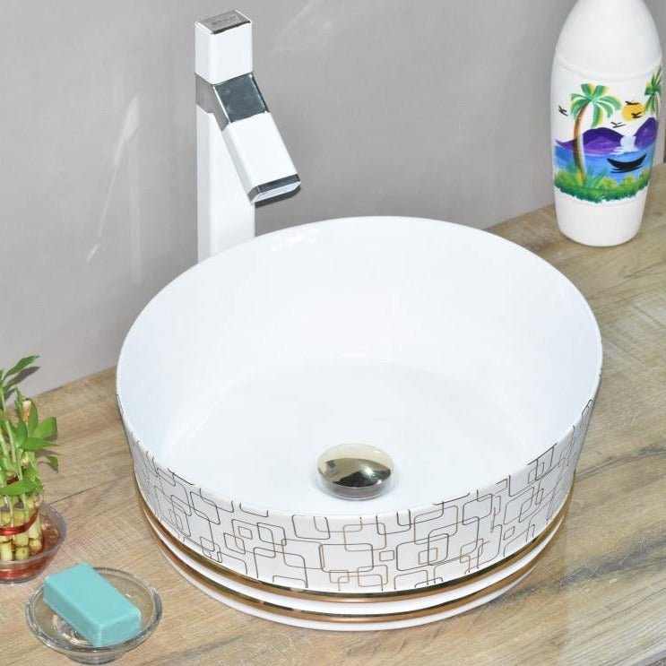 InArt Round Bathroom Ceramic Vessel Sink Art Basin in Gold White Color - InArt-Studio-USA