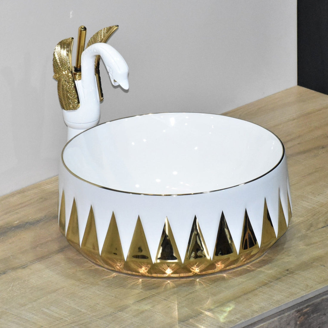 InArt Round Bathroom Ceramic Vessel Sink Art Basin in Gold White Color - InArt-Studio-USA