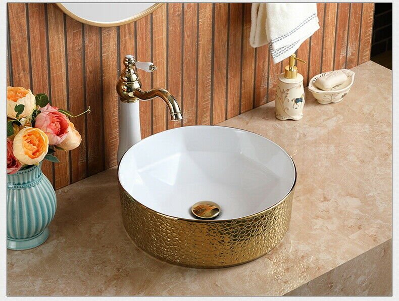 InArt Round Bathroom Ceramic Vessel Sink Art Basin in Gold White Color - InArt-Studio-USA