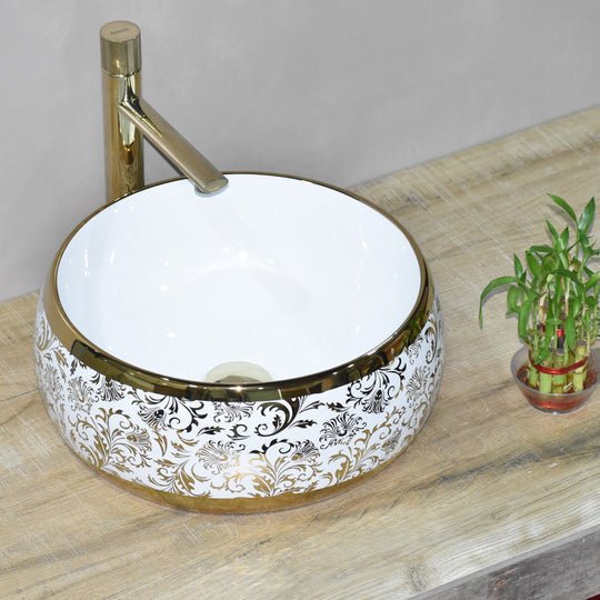 InArt Round Bathroom Ceramic Vessel Sink Art Basin in Gold White Color - InArt-Studio-USA