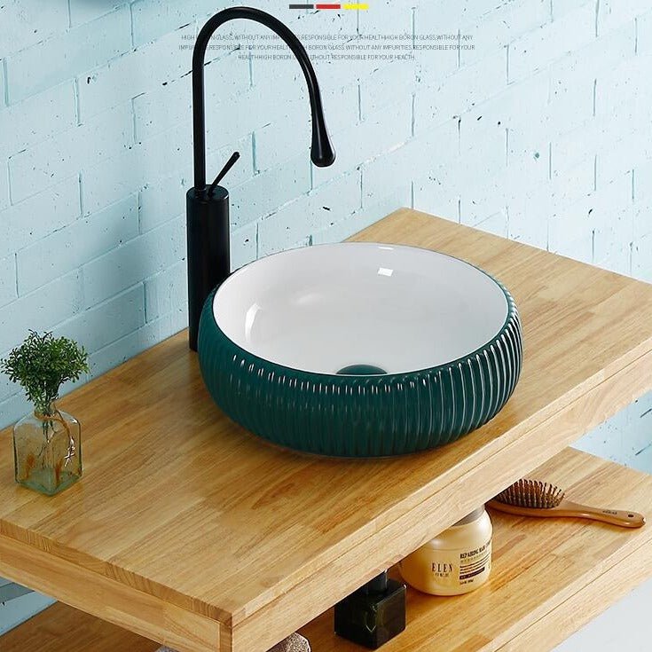InArt Round Bathroom Ceramic Vessel Sink Art Basin in Green Color - InArt-Studio-USA